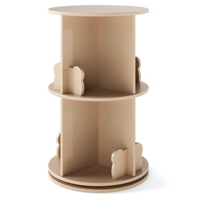 A 2-tier rotating bookshelf designed for children, with bear bookends and a cream color finish.