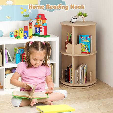 Kids Rotating Bookshelf, Cute 2-tier Kids Bookcase with Bookends & 8 Compartments