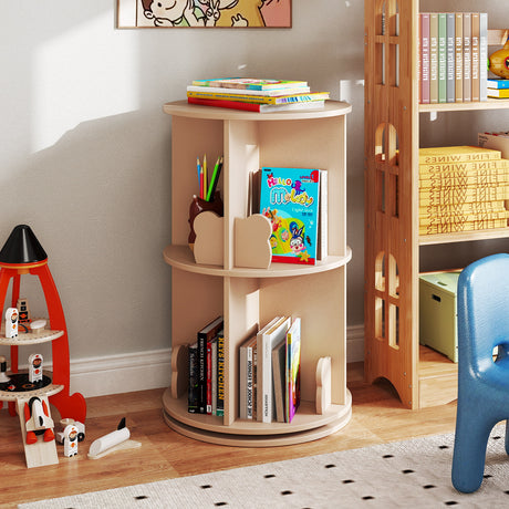 Kids Rotating Bookshelf, Cute 2-tier Kids Bookcase with Bookends & 8 Compartments