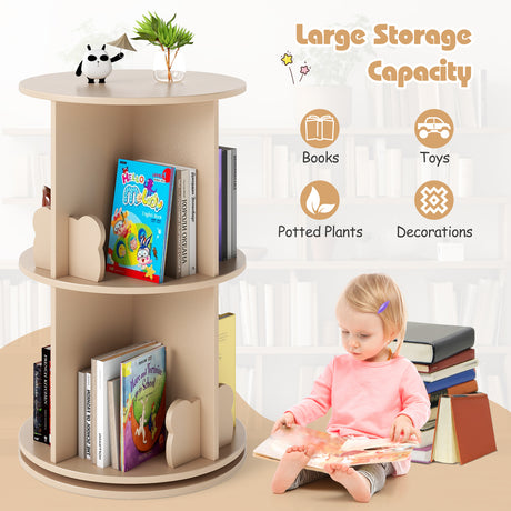 Kids Rotating Bookshelf, Cute 2-tier Kids Bookcase with Bookends & 8 Compartments