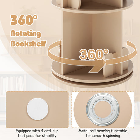 Kids Rotating Bookshelf, Cute 2-tier Kids Bookcase with Bookends & 8 Compartments
