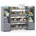 Gray toy storage shelf with various toys on a white background