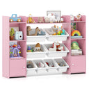 Pink and white toy storage shelf with various toys on a white background