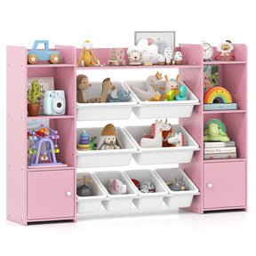 Pink and white toy storage shelf with various toys on a white background
