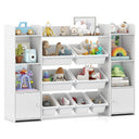 White toy storage shelf with various toys and bins on a white background