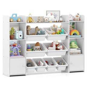 White toy storage shelf with various toys and bins on a white background