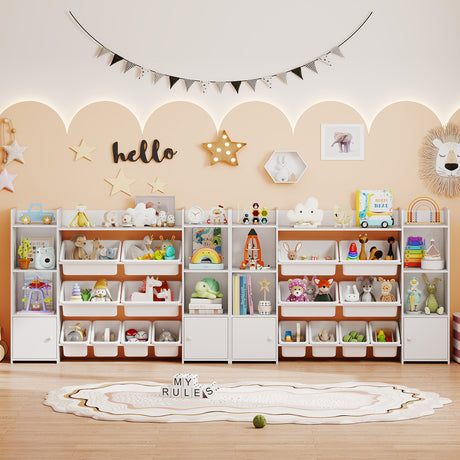 Children's playroom with shelves filled with toys and decorations on a beige wall.