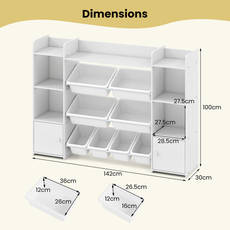 White storage shelf with bins and dimensions labeled on a beige background