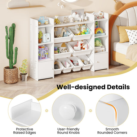 White storage shelves with toys in a child's room, highlighting design features.