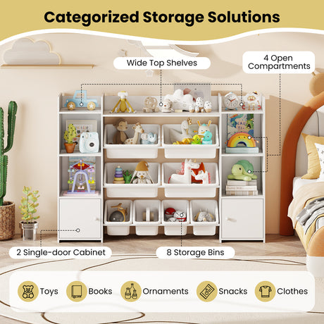 Storage solution with wide top shelves, open compartments, single-door cabinet, and storage bins labeled for various items.