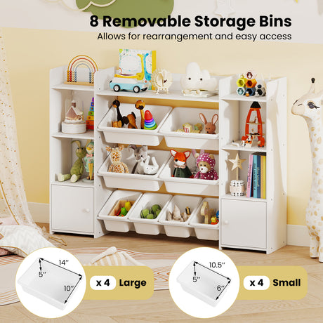White storage shelf with removable bins filled with toys and books, labeled with dimensions and storage capacity.