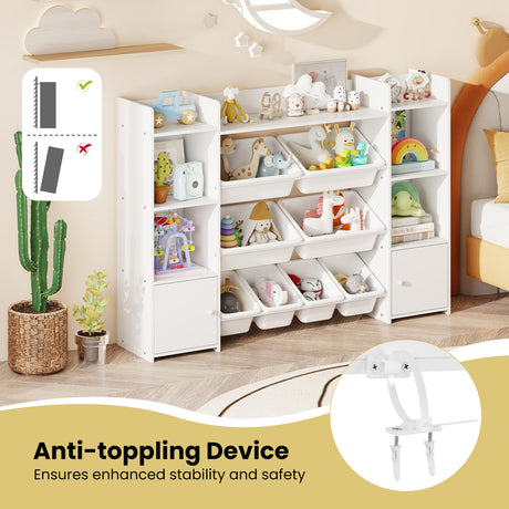 White toy storage shelf with various toys and an anti-toppling device in a room setting.