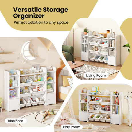 Versatile storage organizer in various rooms with text overlay.