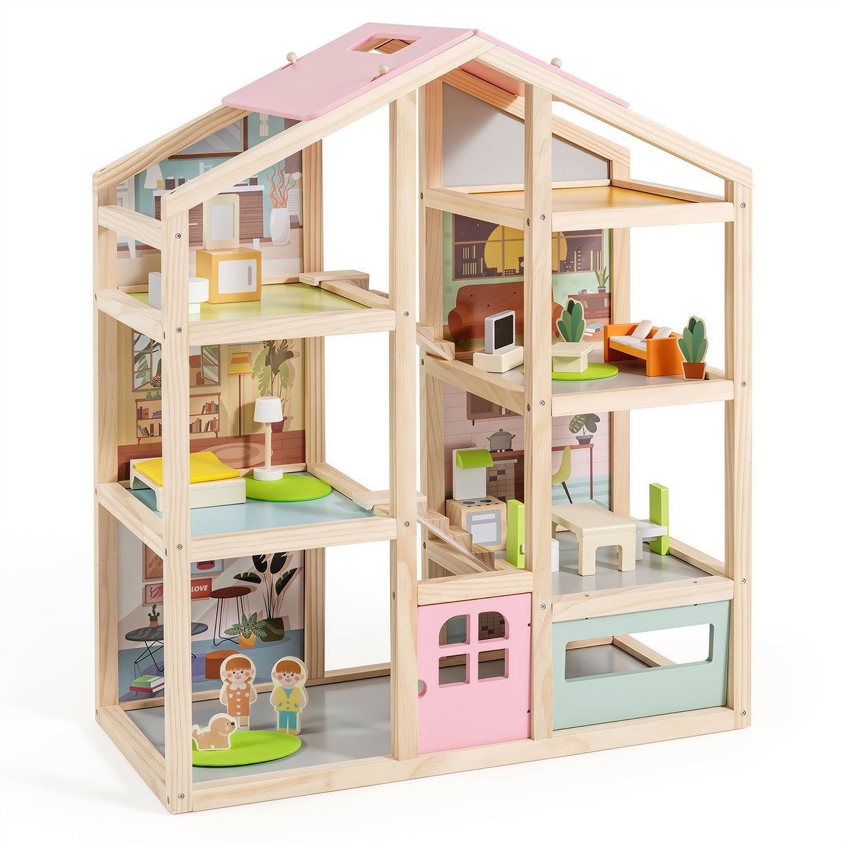 Wooden Dollhouse for Kids, Modern Family Pretend Playhouse w/Furniture Pieces & Figures