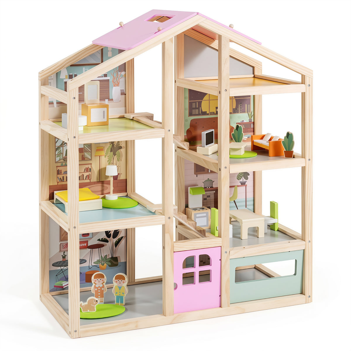 Wooden Dollhouse for Kids, Modern Family Pretend Playhouse w/Furniture Pieces & Figures