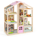 Wooden Dollhouse for Kids, Modern Family Pretend Playhouse w/Furniture Pieces & Figures