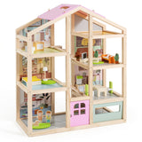 Wooden Dollhouse for Kids, Modern Family Pretend Playhouse w/Furniture Pieces & Figures