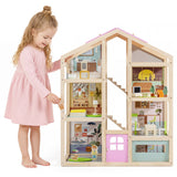 Wooden Dollhouse for Kids, Modern Family Pretend Playhouse w/Furniture Pieces & Figures
