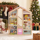 Wooden Dollhouse for Kids, Modern Family Pretend Playhouse w/Furniture Pieces & Figures