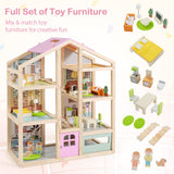 Wooden Dollhouse for Kids, Modern Family Pretend Playhouse w/Furniture Pieces & Figures