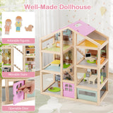 Wooden Dollhouse for Kids, Modern Family Pretend Playhouse w/Furniture Pieces & Figures