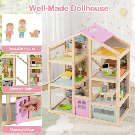 Wooden Dollhouse for Kids, Modern Family Pretend Playhouse w/Furniture Pieces & Figures
