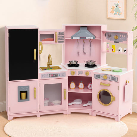 Corner Wooden Play Kitchen, Toy Kitchen Playset with Storage for Children 3+ Years Old