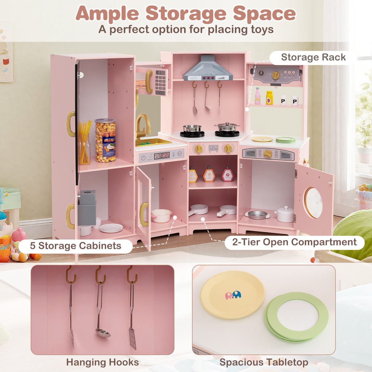Corner Wooden Play Kitchen, Toy Kitchen Playset with Storage for Children 3+ Years Old