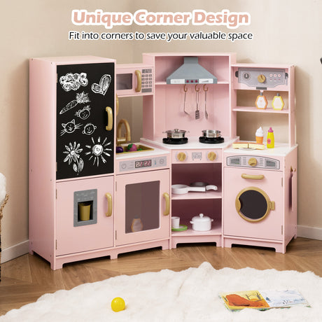 Corner Wooden Play Kitchen, Toy Kitchen Playset with Storage for Children 3+ Years Old