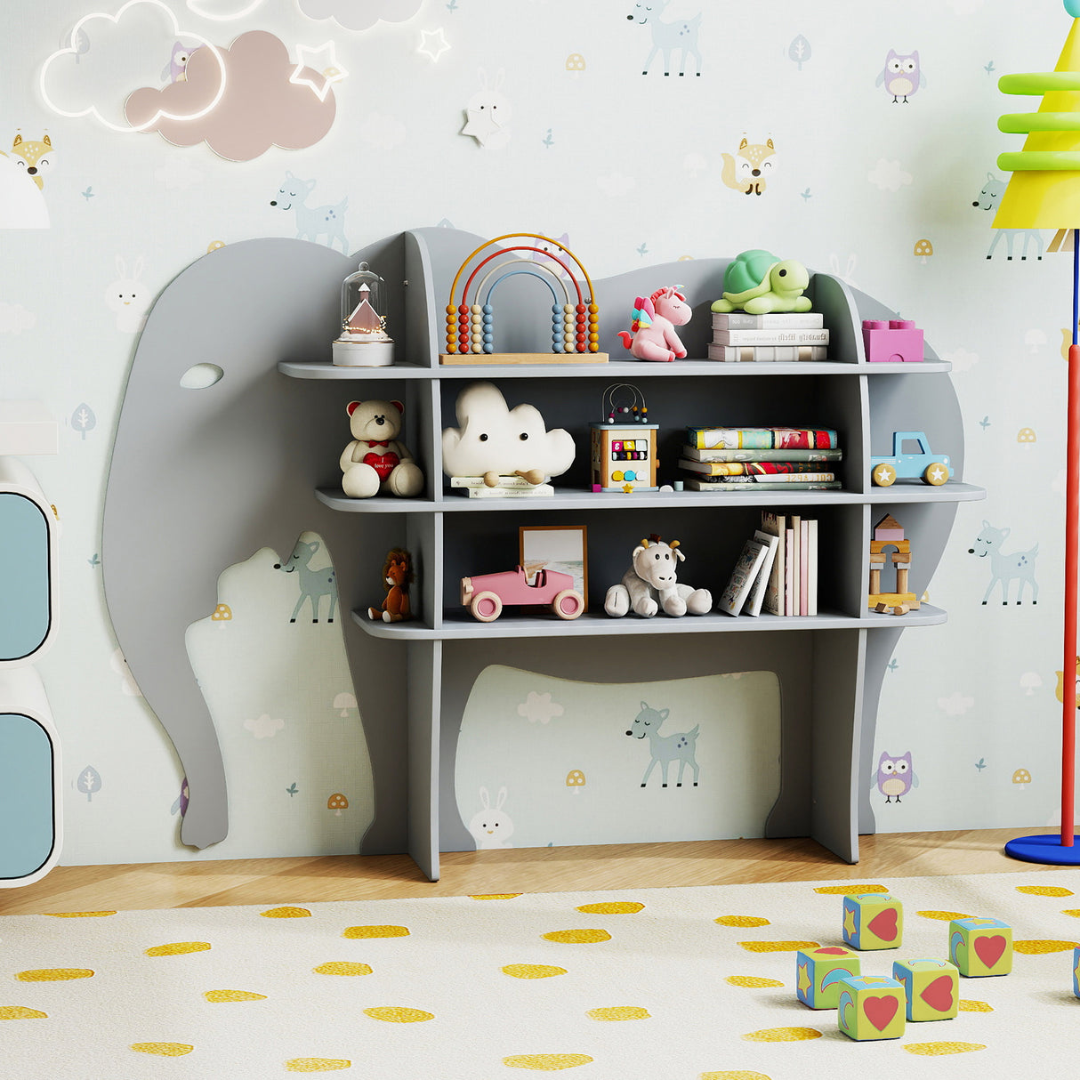 Elephant Kids Bookshelf, 3-Tier Toddler Bookcase for Toy Storage