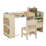 Kids Art Table & Chair Set, Toddler Painting Desk w/Detachable Paper Roll Holder & Cubby Cabinet