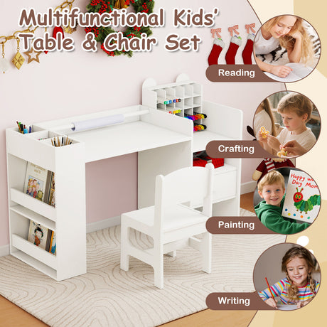 Kids Art Table & Chair Set, Toddler Painting Desk w/Detachable Paper Roll Holder & Cubby Cabinet