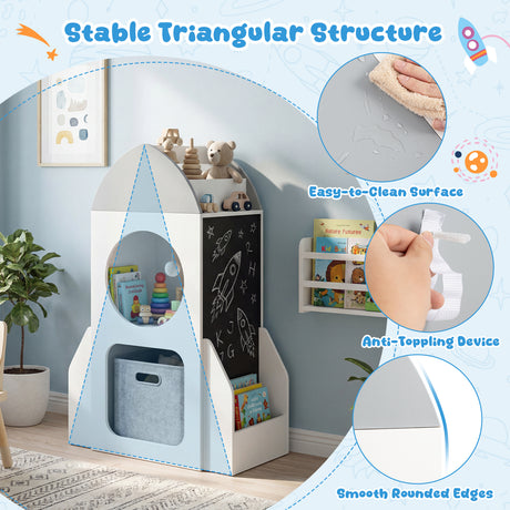 3-Tier Rocket Space Theme Kids Bookshelf with Chalkboard and Open Shelf