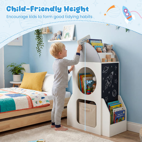 3-Tier Rocket Space Theme Kids Bookshelf with Chalkboard and Open Shelf