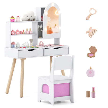 Kids Vanity Set, Pretend Play Dressing Table Set w/3-Color Lighting Modes