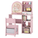 Pink children's desk with shelves and chair on a white background