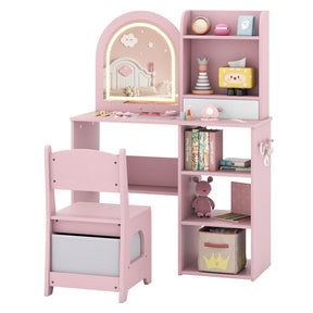 Pink children's desk with shelves and chair on a white background