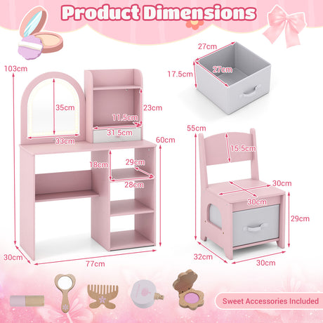 Dimensions of a pink children's vanity set with accessories on a pink background