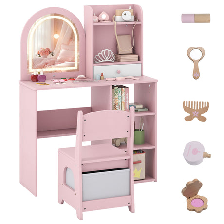 Pink children's vanity table with mirror, chair, and various accessories on a white background