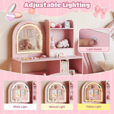Pink children's desk with adjustable lighting options on a pink background