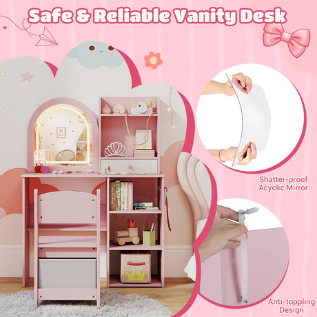 Pink vanity desk with mirror and shelves in a child's room, featuring safety features.