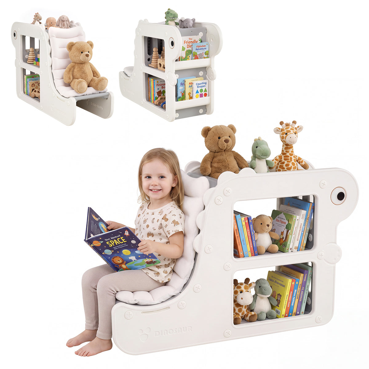 2-in-1 Kids Bookshelf with Padded Cushion 71 cm Toddler Dino Bookcase with Reading Nook