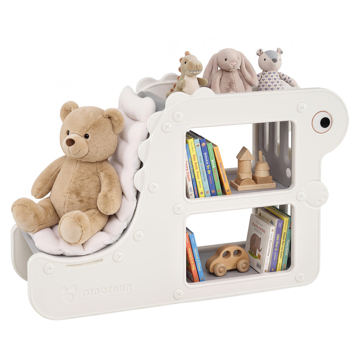 2-in-1 Kids Bookshelf with Padded Cushion 71 cm Toddler Dino Bookcase with Reading Nook