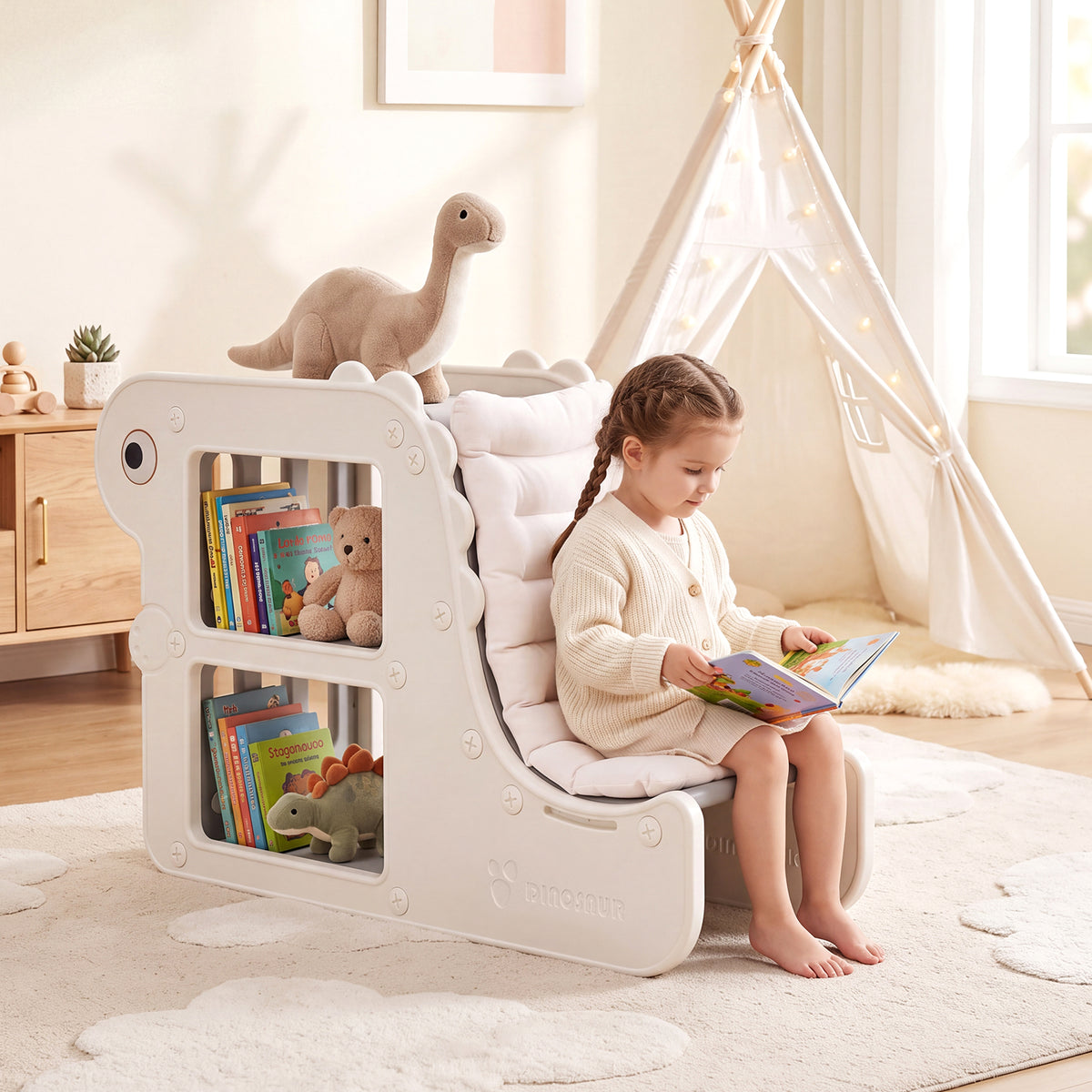 2-in-1 Kids Bookshelf with Padded Cushion 71 cm Toddler Dino Bookcase with Reading Nook