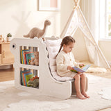 2-in-1 Kids Bookshelf with Padded Cushion 71 cm Toddler Dino Bookcase with Reading Nook