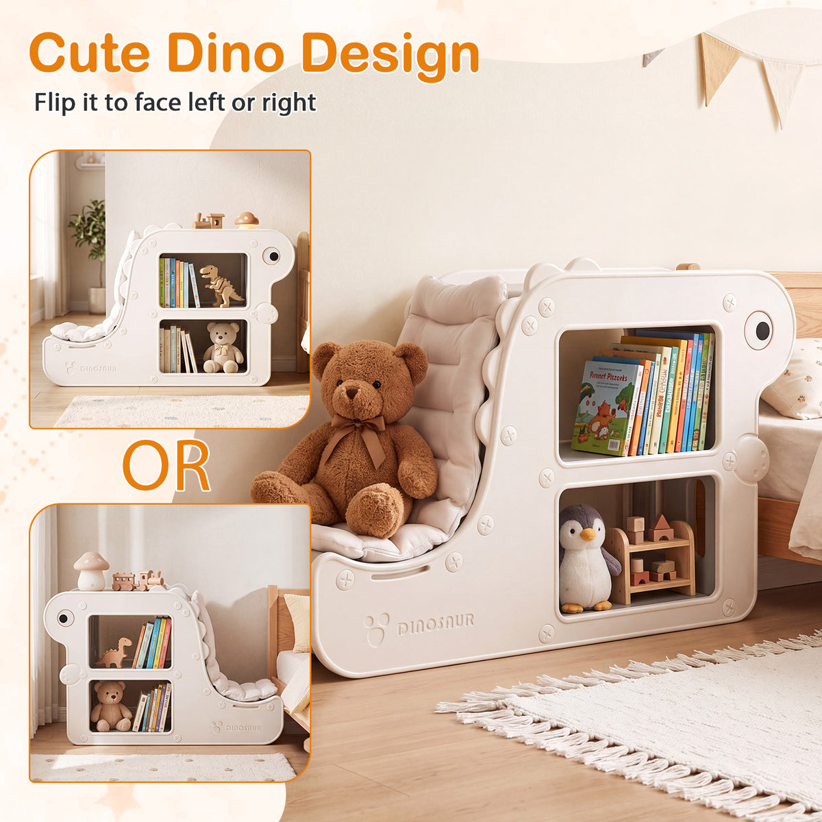 2-in-1 Kids Bookshelf with Padded Cushion 71 cm Toddler Dino Bookcase with Reading Nook