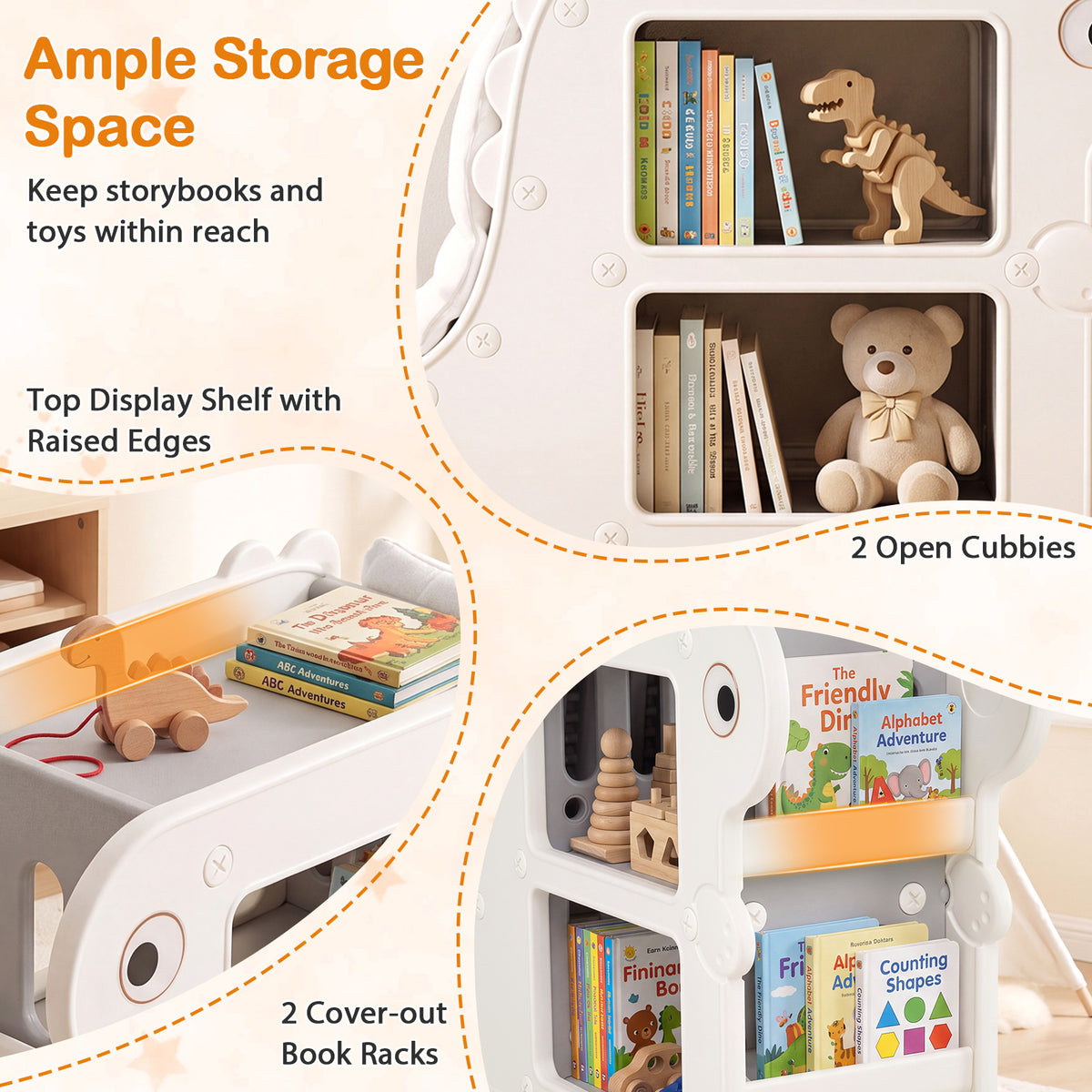 2-in-1 Kids Bookshelf with Padded Cushion 71 cm Toddler Dino Bookcase with Reading Nook