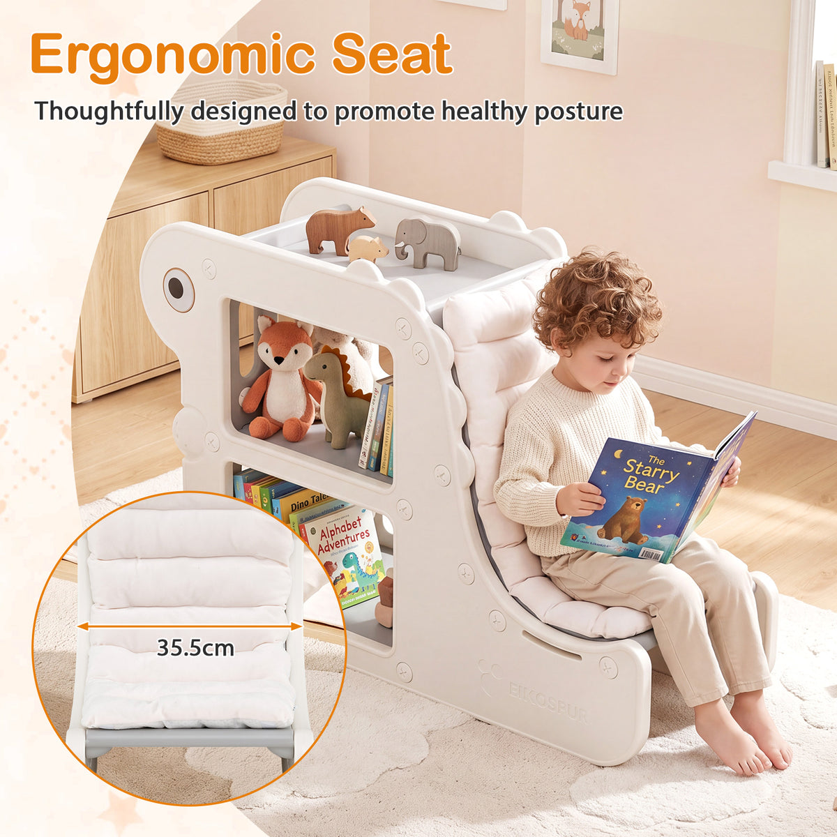2-in-1 Kids Bookshelf with Padded Cushion 71 cm Toddler Dino Bookcase with Reading Nook