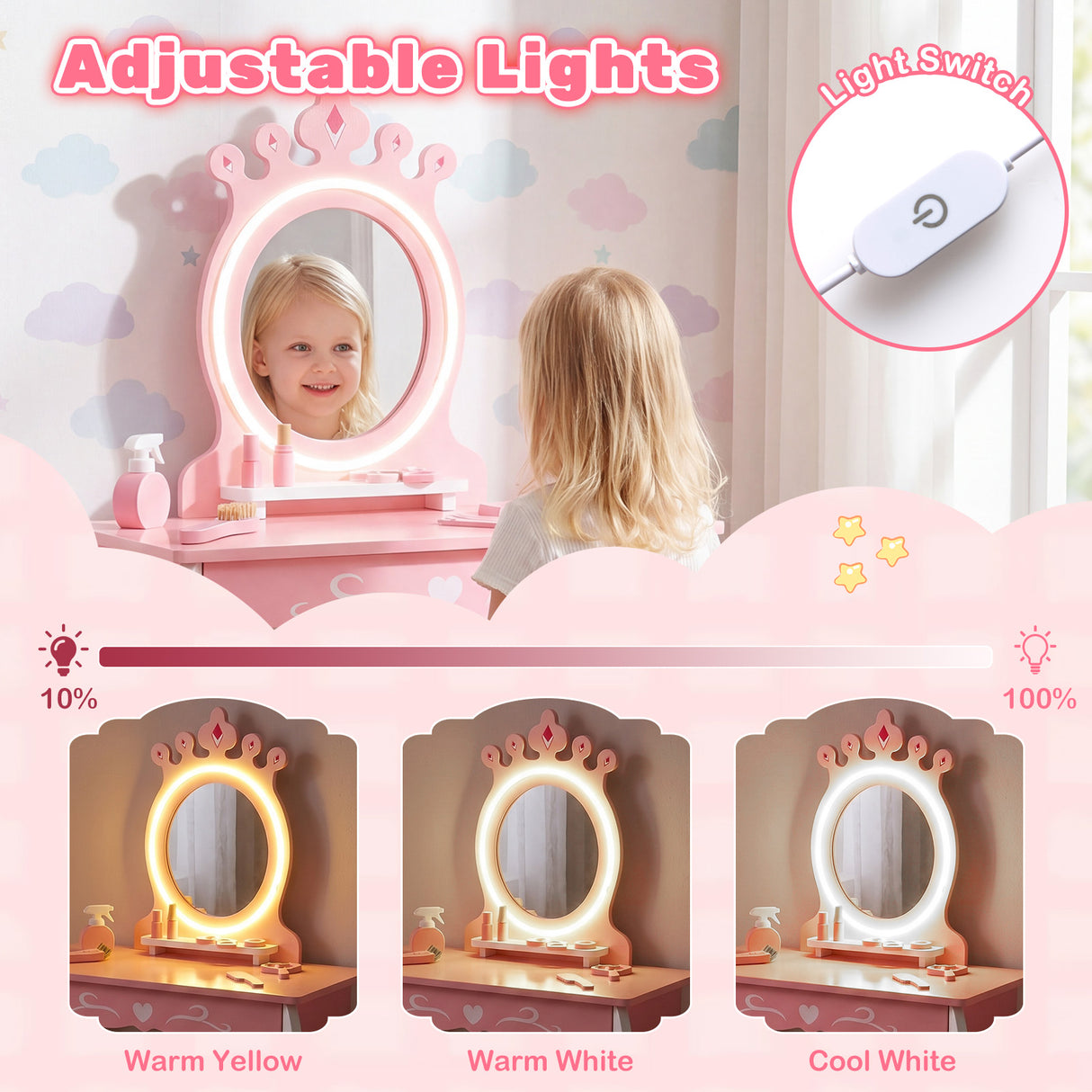 Kids Hair Salon Play Set with LED Lighted Mirror, Wooden Pretend Hair Salon Station