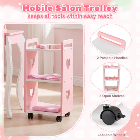 Kids Hair Salon Play Set with LED Lighted Mirror, Wooden Pretend Hair Salon Station